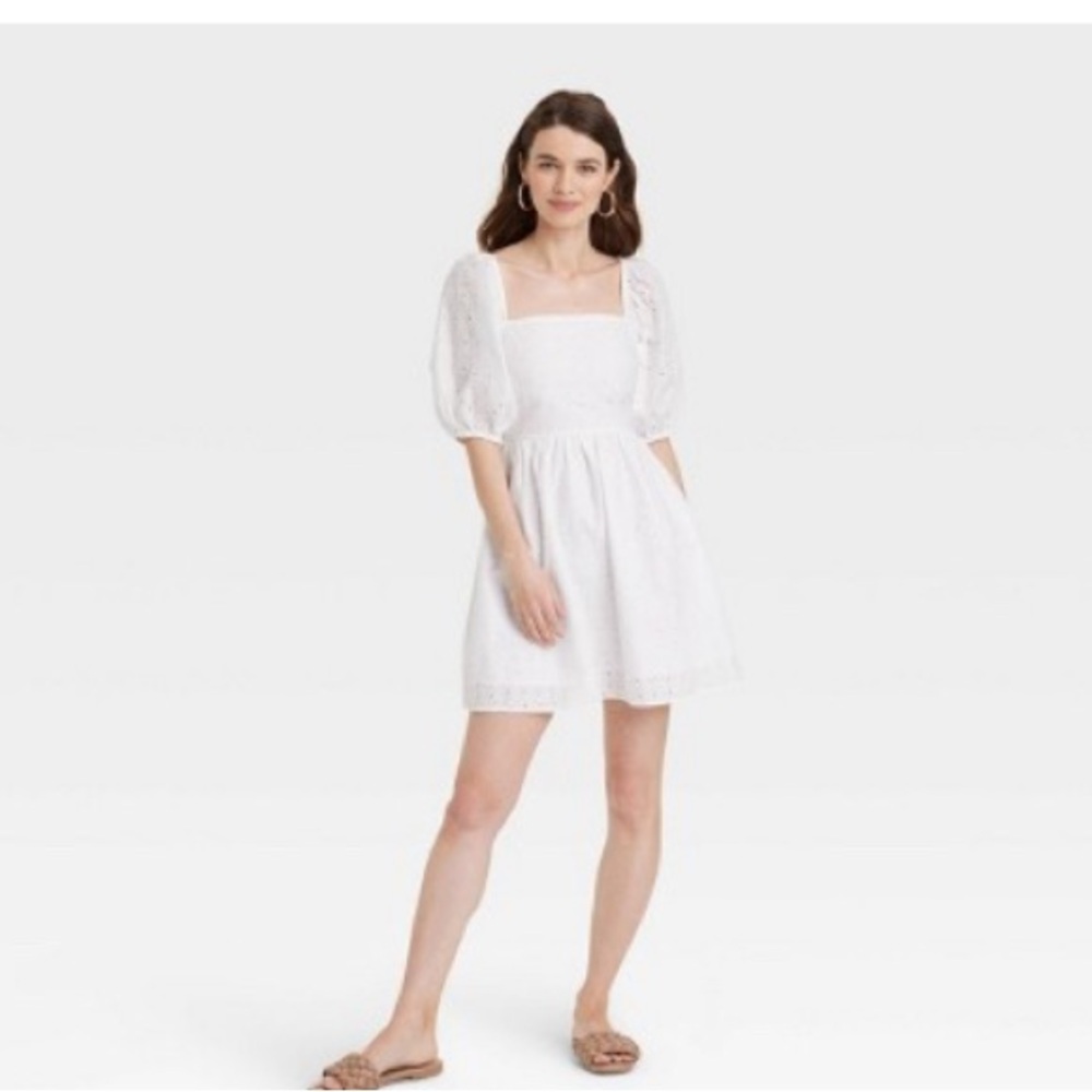 Target - A New Day white 3/4 puff sleeve dress, white, sz medium, NWT